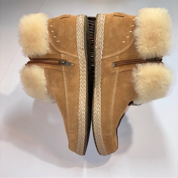 UGG Elowen Moccasin Booties Zip Ankle Boots Chestnut Suede Fur Trim 12 Worn Once - Picture 4 of 11